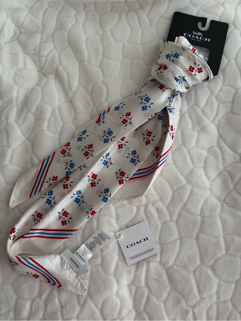 COACH Silk Scarf with Red & Blue Floral Print